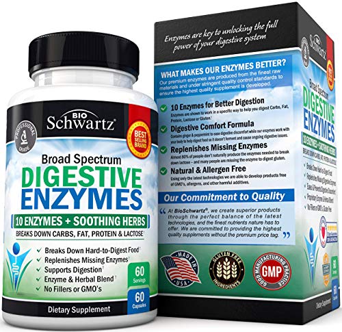 BioSchwartz Digestive Enzymes Supplement - Broad Spectrum 10 Enzymes + Herbal Comfort Blend - Vegan Formula for Digestion & Bloating Support - with Bromelain, Papain & Amylase