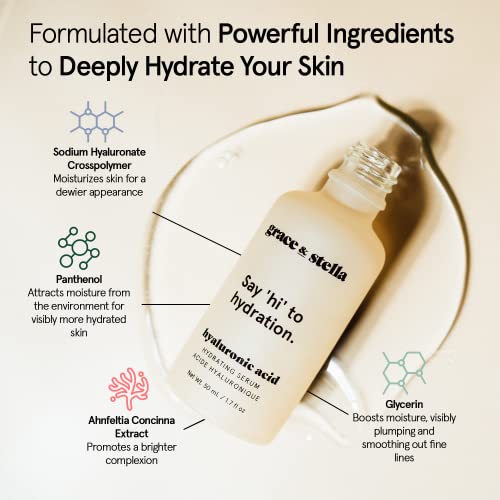 Hyaluronic Acid Serum (50ml, Dropper) - Vegan - Hyaluronic Acid Serum For Face, Acido Hialuronico to Hydrate and Remove Fine Lines + Wrinkles, Boost Collagen - By Grace and Stella