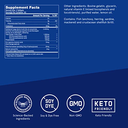 Bulletproof Omega Krill Complex, Lemon Flavor, 120 Softgels, 1560mg Omega-3 with EPA, DHA, GLA, and Astaxanthin, Keto Fish Oil Supplement for Brain and Heart Health