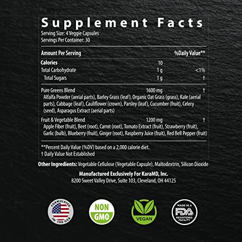 KaraMD Pure Nature - Fruit & Veggie Superfood Supplement with Antioxidants for Energy, Cognitive Clarity, Immunity & Digestion Support - Vegetable Capsules - 30 Servings (120 Capsules).