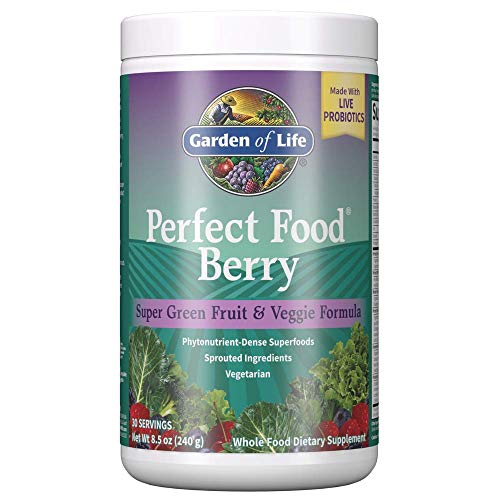 Garden of Life Perfect Food Berry Super Green Fruit & Veggie Formula - 30 Servings, 49 Superfoods Greens, Sprouts, Fruits, Veggies, Probiotics, Spirulina, Vegetarian Juice Superfood Powder Supplement