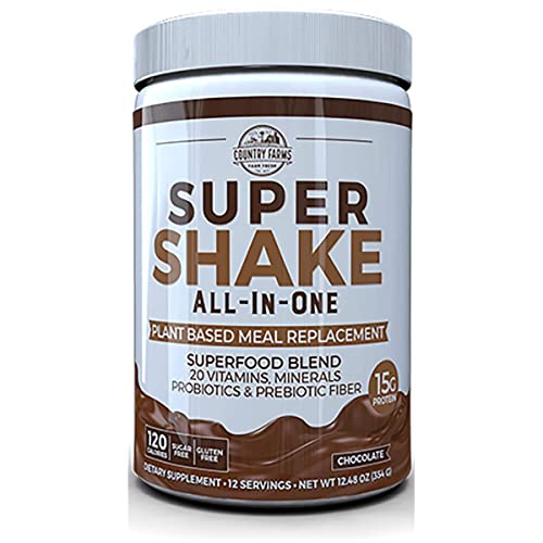 Country Farms All-in-One Super Shake Meal Replacement Dietary Supplement with Superfoods, Vitamins, Probiotics and Prebiotics, 12 Servings, Chocolate, 12.48 Oz