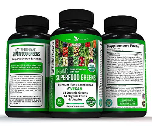 Potent Garden Organic Superfood Greens, Fruit and Veggie Supplement Rich in Vitamins & Antioxidants with Alfalfa, Beet Root & Tart Cherry to Boost Energy, Immunity & Gut Health, Greens Tablets 60 Ct