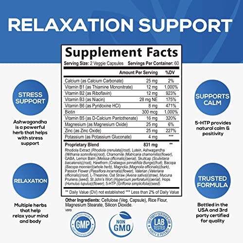 Calm & Stress Support Herbal Supplement - with Ashwagandha, L-Theanine, 5-HTP, GABA & B Complex Vitamins - Natural Stress & Immune Support for Calm & Positivity - Relax, Focus, Unwind - 120 Capsules