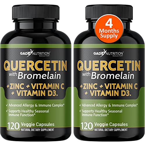 Quercetin with Vitamin C and Zinc - Quercetin 500mg - Quercetin with Bromelain - Zinc Quercetin - 240 Veggie Caps. Quercetin Supplements + Vitamin D3 (Non-GMO, Gluten-Free, Vegan) - 4 Month Supply