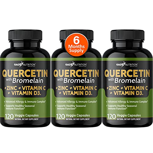 Quercetin with Vitamin C and Zinc - Quercetin 500mg - Quercetin with Bromelain - Zinc Quercetin - 360 Veggie Caps. Quercetin Supplements + Vitamin D3 (Non-GMO, Gluten-Free, Vegan) - 6 Month Supply