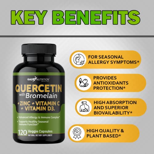 Quercetin with Vitamin C and Zinc - Quercetin 500mg - Quercetin with Bromelain - Zinc Quercetin - 120 Veggie Caps. Quercetin Supplements + Vitamin D3 (Non-GMO, Gluten-Free, Vegan)
