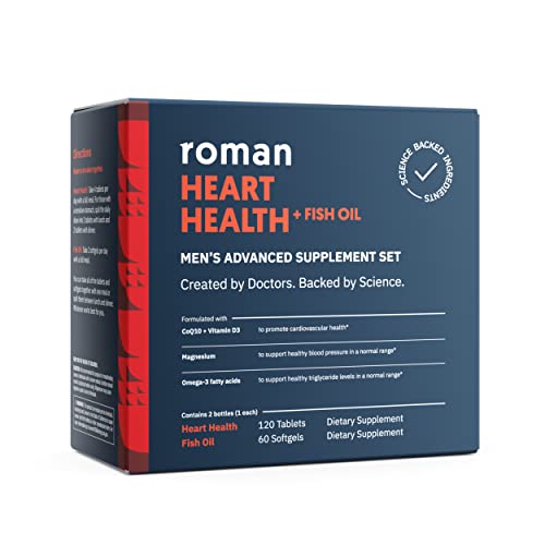 Roman Heart Health | Men's Daily Nutritional Supplement for Cardiovascular Support, Features Magnesium, Vitamins K + D3, CoQ10, and Spirulina | 30-Day Supply (120 Tablets + 60 Fish Oil Softgels)