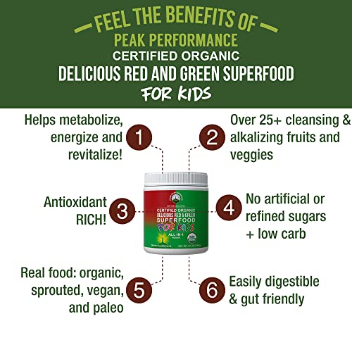 Kids Greens and Reds Superfood Powder. Best Tasting Organic Vegan Super Food Juice with 25+ Real Fruits and Vegetables. Gluten Free Real Food Vitamins. Green and Red Superfoods Supplement for Children