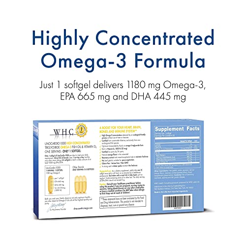 WHC, UnoCardio 1000 Fish Oil, 1300 mg of Pure Triglyceride Fish Oil with Omega-3 (1180 mg), 665 mg EPA and 445 mg DHA and 25 mcg (1000 IU) Vitamin D3 per softgel, Natural Orange, 60 softgels