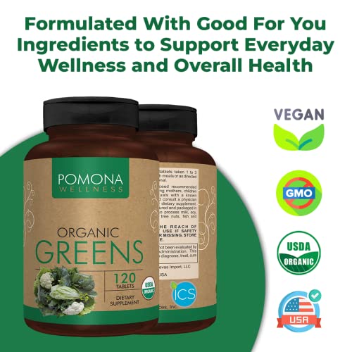 Pomona Wellness Super Greens Supplement, Full Of Superfood Vitamins & Minerals, Fruits & Vegetable, Greens Powder for Bloating and Digestion, Gut Health, USDA Organic, Non-GMO, 120 Tablets
