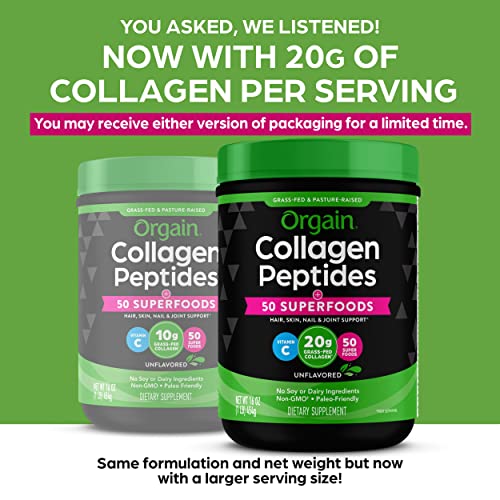 Orgain Hydrolyzed Collagen Peptides Powder + Superfoods, 20g Grass Fed Collagen - Hair, Skin, Nail, & Joint Support Supplement, Paleo & Keto, Non-GMO, Type I and III, 1lb (Packaging May Vary)
