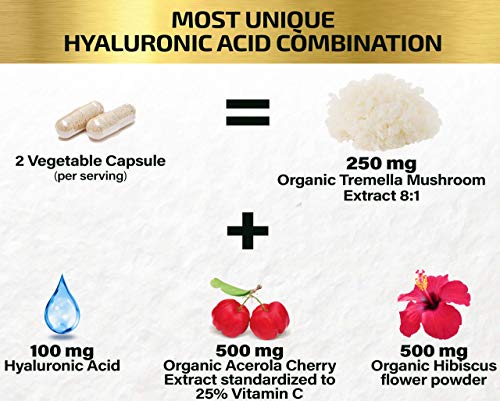 Natural Hyaluronic Acid Supplement 5X Stronger Hydration Pills from Pure Tremella Mushroom with Vitamin C & Hibiscus - Skin Supplement Anti Wrinkle Dietary Capsules - Hair Nails Vitamins