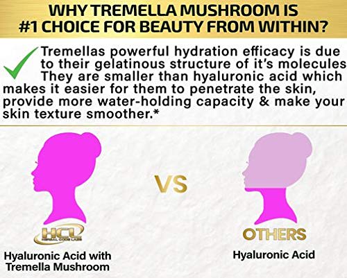Natural Hyaluronic Acid Supplement 5X Stronger Hydration Pills from Pure Tremella Mushroom with Vitamin C & Hibiscus - Skin Supplement Anti Wrinkle Dietary Capsules - Hair Nails Vitamins