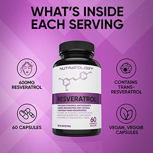 Nutratology Resveratrol Supplement- Potent Antioxidant Supplement - Anti Aging Trans Resveratrol - Increases Cardiovascular Health, Cell Regeneration & Hair Growth - 60 Capsules - 30 Servings