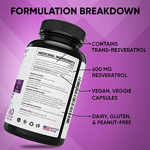 Nutratology Resveratrol Supplement- Potent Antioxidant Supplement - Anti Aging Trans Resveratrol - Increases Cardiovascular Health, Cell Regeneration & Hair Growth - 60 Capsules - 30 Servings