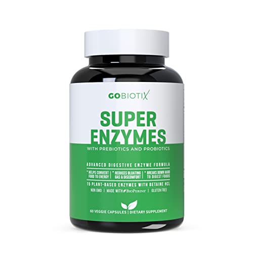 Super Enzymes by GoBiotix | 15 Vegan + Plant-Based Digestive Enzymes w/ Prebiotics Supplement | Probiotics & Bioperine | Supports Gut Health, Digestion, Lactose Absorption & Leaky Gut | 60 Count