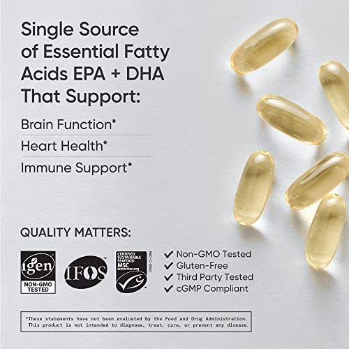 Sports Research Triple Strength Omega 3 Fish Oil - Burpless Fish Oil Supplement w/EPA & DHA Fatty Acids from Wild Alaskan Pollock - Heart, Brain & Immune Support for Men & Women - 1250 mg, 180 ct