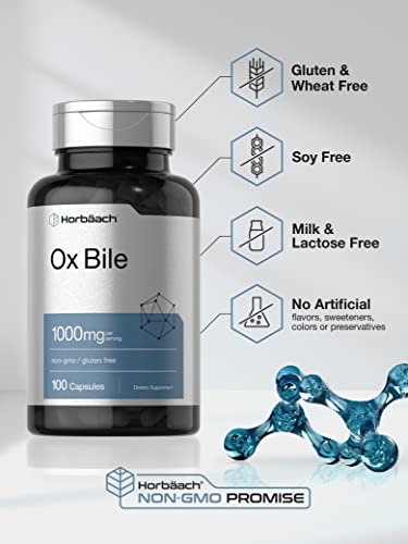 Ox Bile 1000 mg 100 Capsules | Digestive Enzymes Supplement | Non-GMO & Gluten Free | by Horbaach