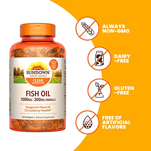 Sundown Fish Oil 1000mg Softgels, Omega 3 Dietary Supplement, Supports Heart Health, 144 Count (Includes 24 Bonus Softgels)