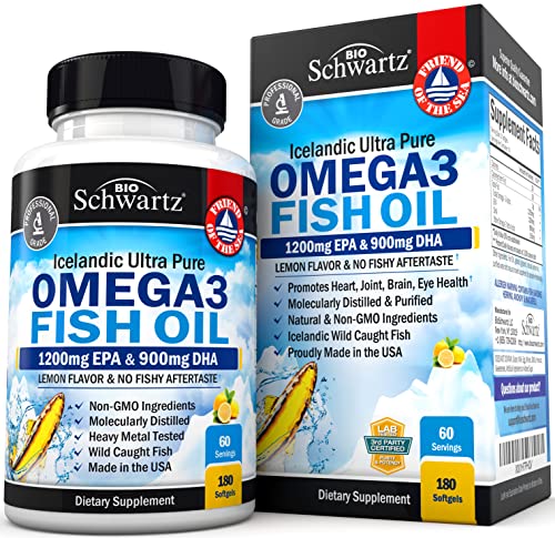 Omega 3 Fish Oil Supplement - 1200mg EPA and 900mg DHA Fatty Acid Per Serving from Wild Caught Fish - Supports Joint, Eyes, Brain & Skin Health - Burpless Lemon Flavor, Gluten-Free, 180 Softgels