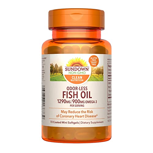 Sundown Odorless Fish Oil, 1290mg, Omega 3 Dietary Supplement, Supports Heart Health, 72 Coated Mini Softgels