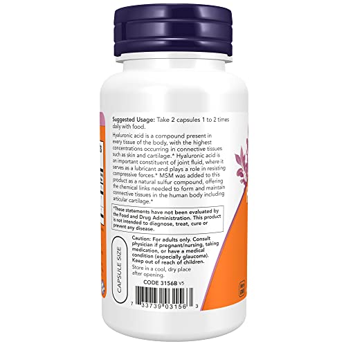 NOW Supplements, Hyaluronic Acid 50 mg with MSM, Joint Support*, 60 Veg Capsules (Pack of 1)
