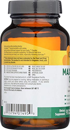 Country Life Maxi-Amino with 16 Free Form Amino Acids, Certified Gluten Free, Certified Vegetarian