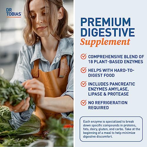 Dr. Tobias Digestive Enzymes with Amylase, Bromelain, Lipase, Lactase, Protease, Papain & More, Digestion Supplement with 18 Enzymes for Digestion and Gut Health, 30 Capsules, 15 Servings