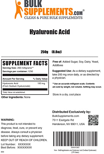 BulkSupplements.com Hyaluronic Acid Powder - Hyaluronic Acid Supplements - Hyaluronic Acid 200mg - Hyaluronic Acid Food Grade - 200mg of Pure Hyaluronic Acid per Serving (250 Grams - 8.8 oz)
