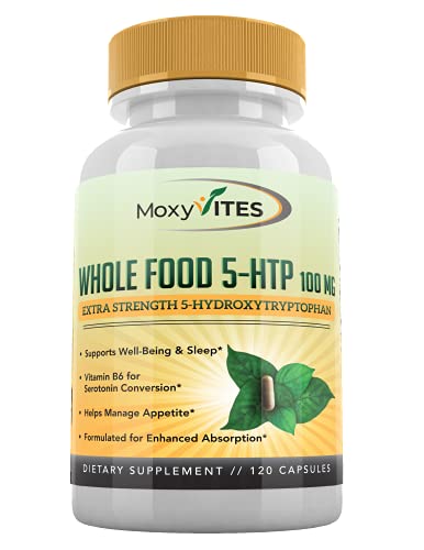 MoxyVites 5HTP 100mg Supplement, Plus B6, 5 HTP Organic Whole Food - Best Serotonin Booster - Non-GMO, 120 Vegan Capsules