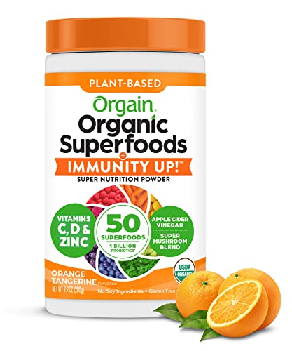 Immune Support, Orgain Organic Superfoods + Immunity Up! Powder, Vegan, Includes Zinc, Apple Cider Vinegar, Vitamin C, D, 1b Probiotics, and Ashwagandha, NonGMO, Plant Based, 9.9 oz, Orange Tangerine