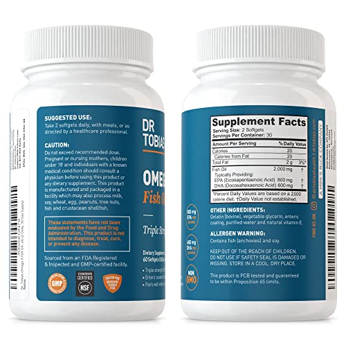 Dr. Tobias Omega 3 Fish Oil, 800 mg EPA 600 mg DHA Omega 3 Supplement for Heart, Brain & Immune Support, Absorbable Triple Strength Fish Oil Supplements - 2000 mg Per Serving, 30 Servings