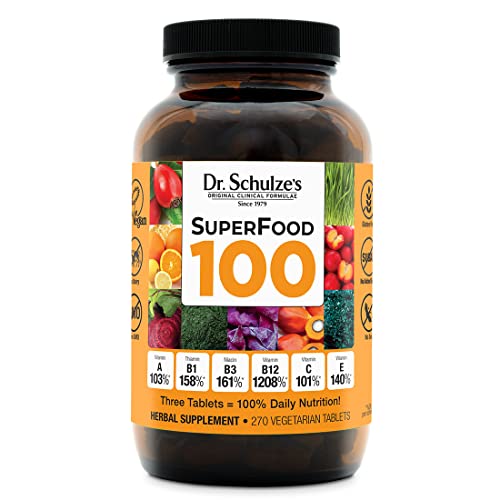 Dr. Schulze’s | SuperFood 100 | Vitamin & Mineral Herbal Concentrate | Dietary Supplement | Daily Nutrition & Increased Energy | Gluten-Free & Non-GMO | Vegan & Organic | 270 Tabs | Packaging May Vary