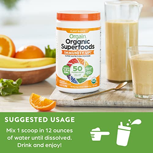 Immune Support, Orgain Organic Superfoods + Immunity Up! Powder, Vegan, Includes Zinc, Apple Cider Vinegar, Vitamin C, D, 1b Probiotics, and Ashwagandha, NonGMO, Plant Based, 9.9 oz, Orange Tangerine