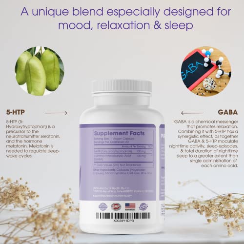 Pure 5-HTP (5-Hydroxytryptophan) Plus GABA Supplement - for Sleep, Mood & Stress Management - 60 Veggie Caps