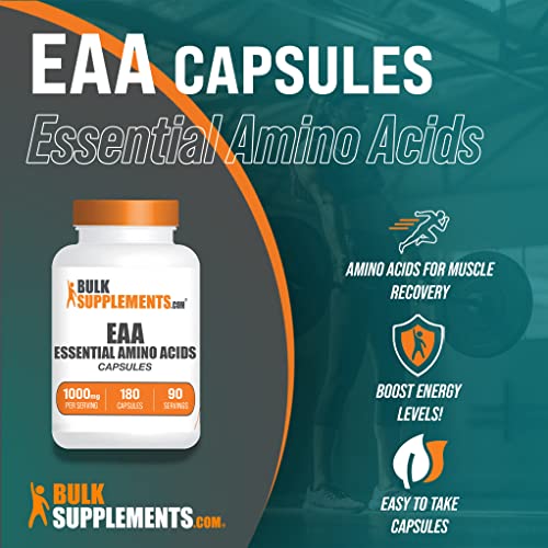 BULKSUPPLEMENTS.COM Essential Amino Acids Capsules - EAA Capsules - Essential Amino Acids Supplement - EAAs Amino Acids - 2 Capsules per Serving, 90-Day Supply (180 Capsules)