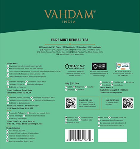 VAHDAM, Organic Pure Mint Tea Bags (100 Pyramid Tea Bags) Caffeine Free, Pure Ingredients - Peppermint, Spearmint - Direct from Source, Packed in Resealable Ziplock Pouch