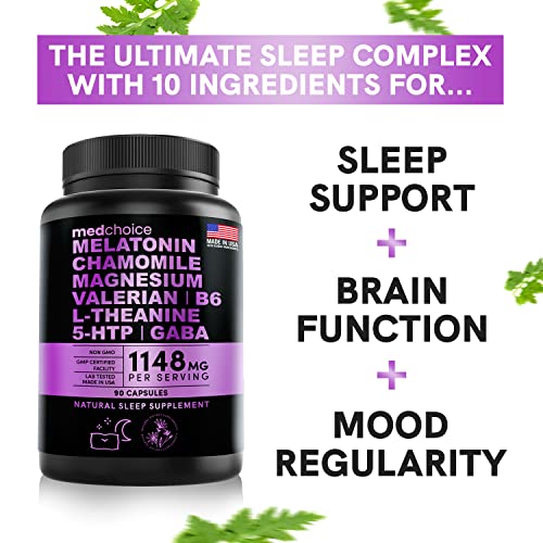 10-in-1 Sleep Melatonin Capsules - 6mg Melatonin for Adults with L Theanine, 5 HTP, GABA, Valerian Root, Chamomile, Vitamin B6, Magnesium for Sleep Support - Sleep Supplement for Adults (Pack of 2)