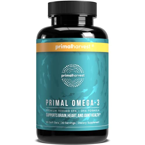 Primal Harvest Omega 3 Fish Oil Supplements, 30 Servings Soft Gels Capsules w/ 1000mg EPA + DHA Supplements, No Fishy Burps - Supports Brain, Skin, Eye, Joint & Heart - Non-GMO Omega 3 Fatty Acid