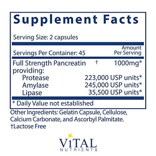 Vital Nutrients Pancreatic Enzymes 1000mg (Full Strength) - Digestion Supplement with Protease, Amylase & Lipase - Digestive Enzymes - Gluten Free, Soy Free, Dairy Free