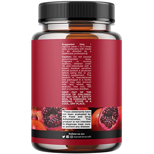 Pomegranate Extract Capsules Antioxidant Supplement - Natural Pomegranate Capsules for Heart Health Joint Support and Pre Workout for Men and Women - Nitric Oxide Supplement with Brain Health Vitamins