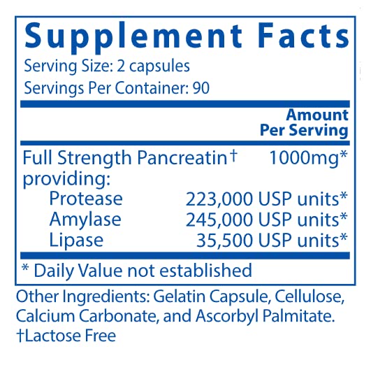 Vital Nutrients Pancreatic Enzymes 1000mg (Full Strength) - Digestion Supplement with Protease, Amylase & Lipase - Digestive Enzymes - Gluten Free, Soy Free, Dairy Free - 180 Capsules