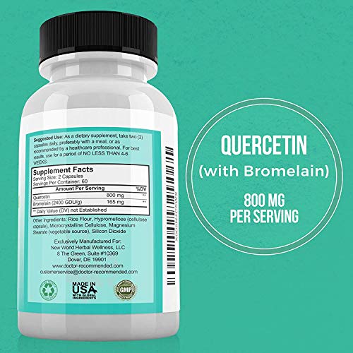 DOCTOR RECOMMENDED SUPPLEMENTS Quercetin 800mg w/Bromelain 165mg Per Serving- 120 Veggie Capsules-Full 60 Day Supply, Vitamin Supplement, Bioflavonoids, Gluten Free, Non-GMO (Pack of 3)