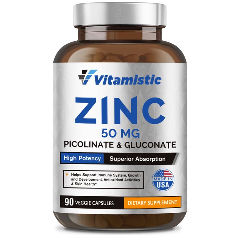 Vitamistic Zinc 50mg, Zinc Picolinate and Zinc Gluconate, High Potency Elemental Zinc & Well-Absorbed, 90 Vegan Capsules, One Daily for Immune, Skin Health, Non-GMO, No Gluten, Easy to Swallow