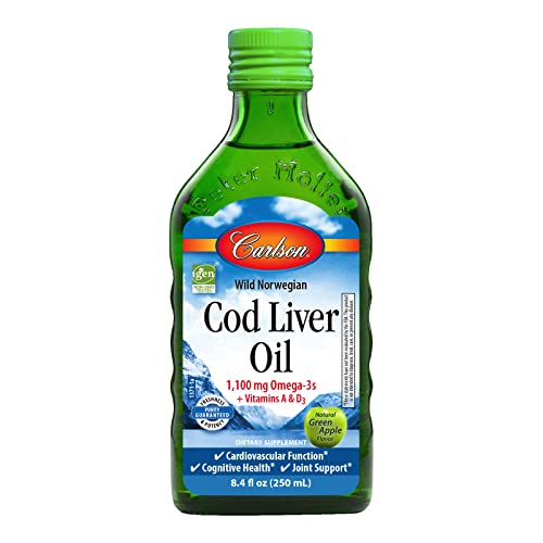 Carlson - Cod Liver Oil, 1100 mg Omega-3s + A & D3, Wild-Caught Norwegian Arctic Cod-Liver Oil, Sustainably Sourced Nordic Fish Oil Liquid, Green Apple, 250 mL (8.4 Fl Oz)