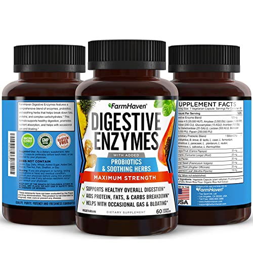 FarmHaven Digestive Enzymes with 18 Probiotics & Herbs | Papaya, Bromelain, Protease & More for Lactose Absorption & Better Digestion | Helps Bloating, Gas, Constipation | Vegetarian