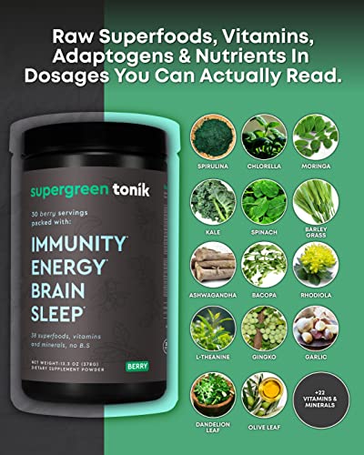 SUPERGREEN TONIK 100% Natural Greens Superfood Powder – Daily Supplement with 38 Superfoods, Vitamins and Minerals – Supports Energy, Stress, Sleep, Immunity – 30 Days 378 Grams Berry Flavor (2 Tubs)
