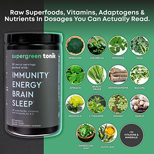 SUPERGREEN TONIK 100% Natural Greens Superfood Powder – Daily Supplement with 38 Superfoods, Vitamins and Minerals – Supports Energy, Stress, Sleep, Immunity – 30 Days 378 Grams Berry Flavor (2 Tubs)