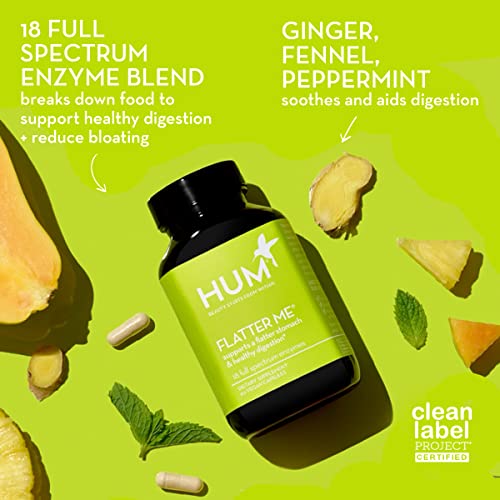 HUM Flatter Me Supplement for Daily Bloating - 18 Full Spectrum Enzymes to Support Food Breakdown + Ginger, Fennel Seed & Peppermint for Nutrient Absorption (180 Capsules)
